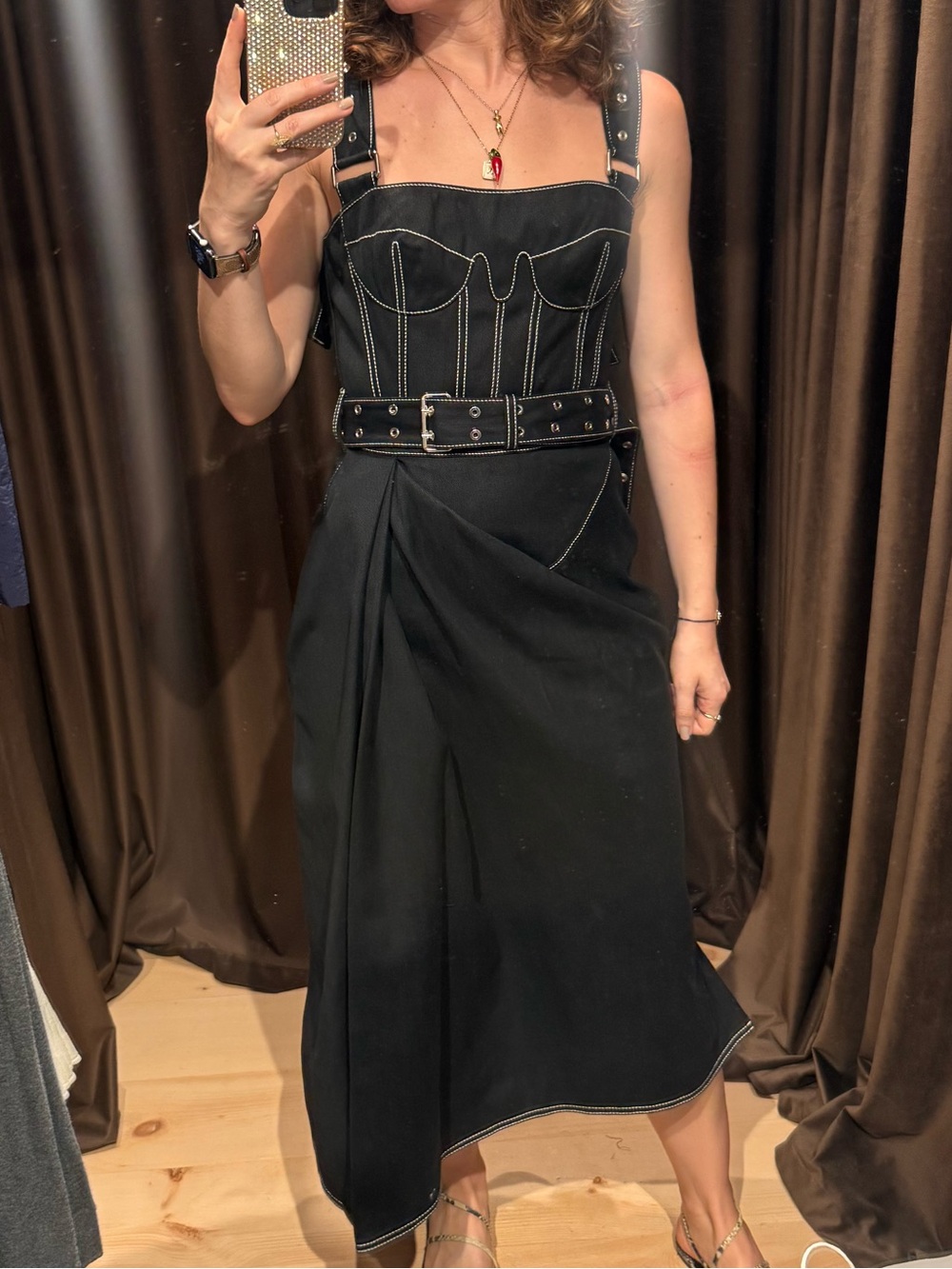 Alexander McQueen Black Corset-Style Midi Dress with Contrast Stitching